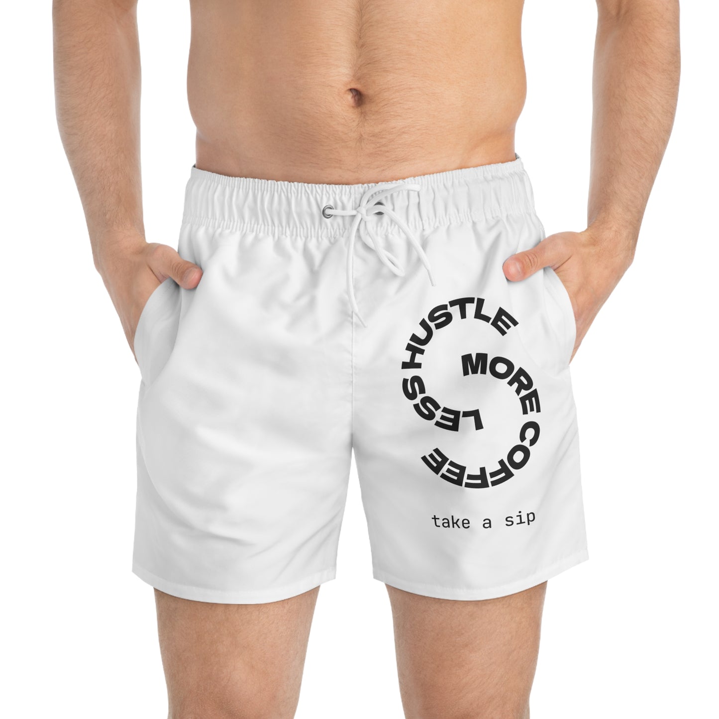 Trendy Swim Trunks - 'Hustle More, Chill Less' Beachwear for Summer Fun, Pool Parties, Vacation Essentials, Gift for Him